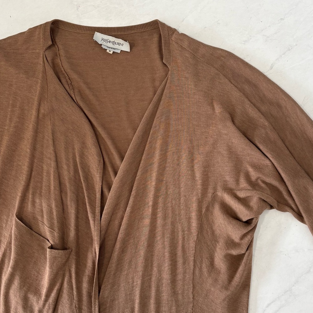 Yves Saint Laurent Size Medium Brown Silk Blend Puff Shoulder Cardigan Pockets - Picture 3 of 8